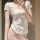 纯欲U领短袖 低领甜辣白色体恤上衣 茶艺正肩修身 t恤女夏季 2025新款