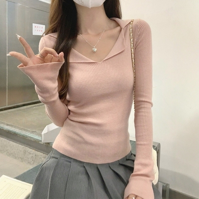 法式Polo领长袖针织衫女