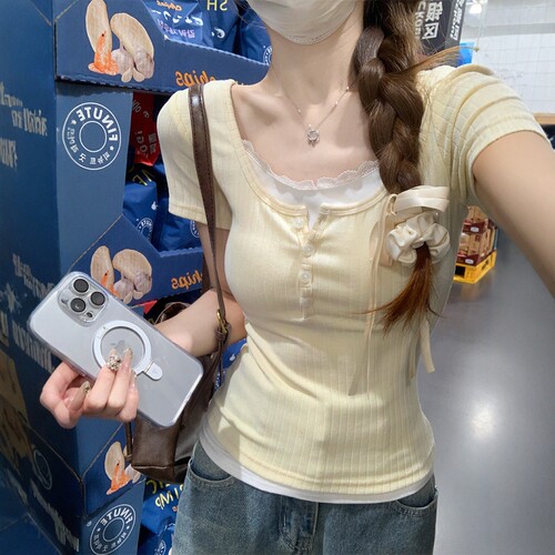 独特漂亮掐腰上衣绝美奶黄色短款