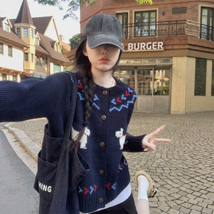 秋冬季 外套女 韩系费尔岛小狗提花圆领软糯加厚毛衣女叠穿针织开衫