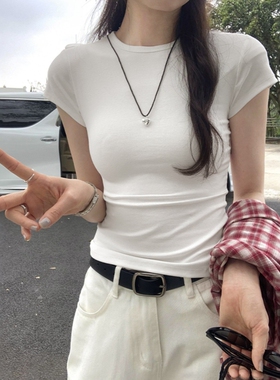 巨显身材小圆领美式正肩T恤女短袖白色甜辣2026夏季新款收腰上衣