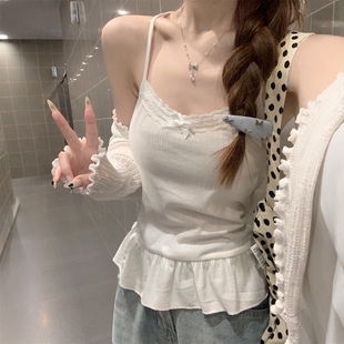 夏季韩系穿搭纯欲风芭蕾风蕾丝边美背内搭吊带背心无袖T恤上衣女