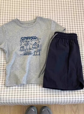 卡通风短袖T恤女2026年夏季新款灰色字母印花修身潮款正肩小上衣