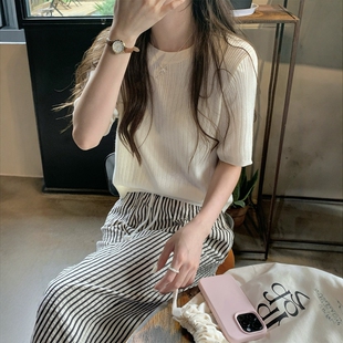 上衣女装 夏季 针织短袖 中袖 韩系穿搭宽松圆领纯色冰丝针织衫 轻薄款