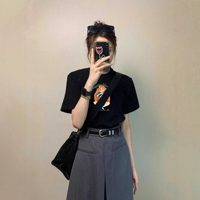 美式复古短袖显瘦黑色T恤女