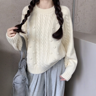 秋冬季 女miu系花朵加厚毛衣打底内搭 韩系松驰感慵懒风麻花针织衫