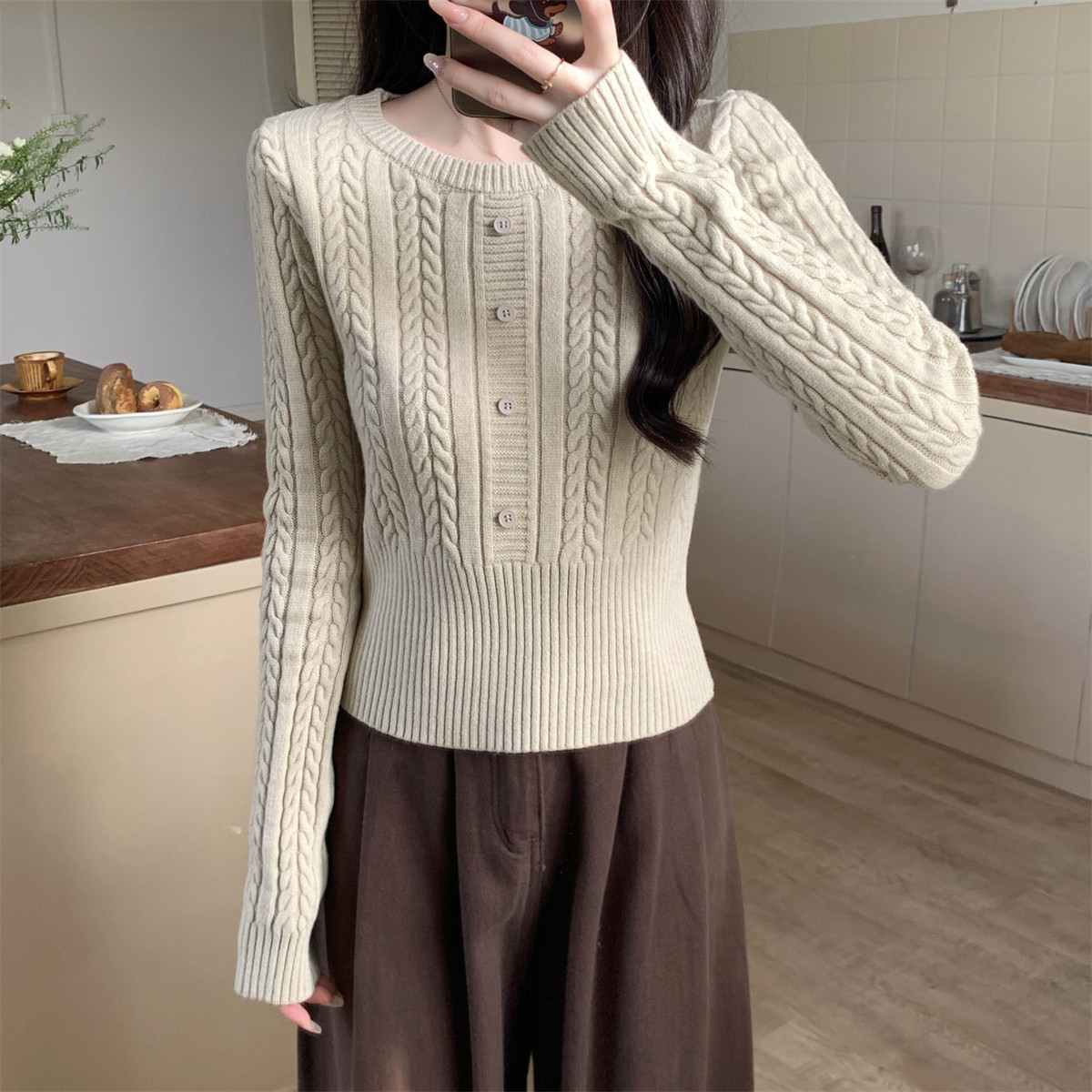 韩系麻花纹针织衫女纽扣收腰毛衣内搭外穿打底衫春秋冬季显瘦上衣,女装/女士精品,毛针织衫,淘宝优惠券,粉丝福利购,淘宝优惠卷