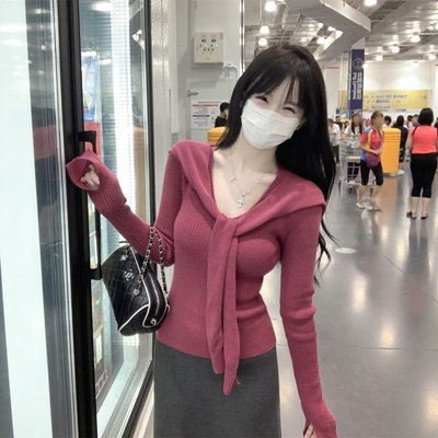 韩系设计感披肩V领针织衫女