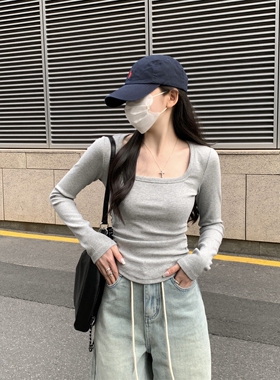 灰色方领正肩长袖t恤女春秋新款修身显瘦打底衫内搭短款褶皱上衣