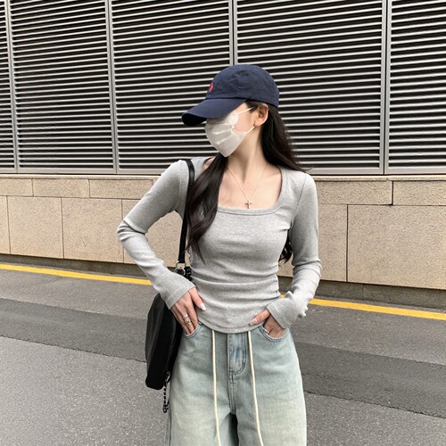灰色方领正肩长袖t恤女2026新款