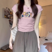 t恤女夏季 2025新款 设计感小众修身 粉色正肩短袖 卡通印花短款 上衣