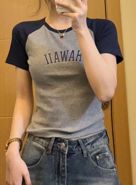 短袖t恤女2026新款夏季美式复古短款上衣女拼接插肩袖修身打底衫
