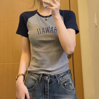 短袖t恤女2025新款夏季美式复古短款上衣女拼接插肩袖修身打底衫