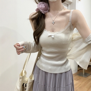 夏季 t恤女 韩系纯欲风甜美辣妹蝴蝶结蕾丝边针织内搭吊带背心短袖
