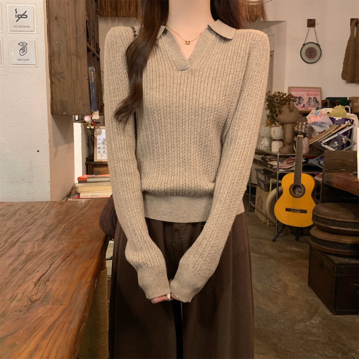 韩系麻花POLO领针织衫秋冬季miu系翻领打底毛衣女内搭学院风上衣