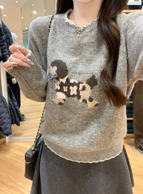 可爱小狗图案圆领套头针织衫女秋冬灰色木耳边显瘦打底毛衣女内搭