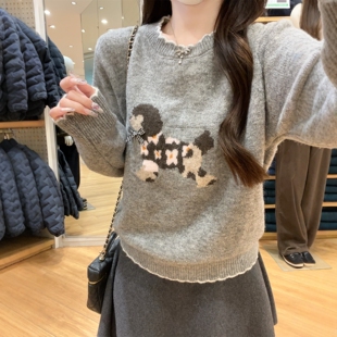 可爱小狗图案圆领针织衫 灰色木耳边显瘦打底毛衣女内搭 2026春秋季