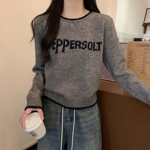 学院风字母撞色圆领毛衣女秋冬慵懒风宽松针织衫 打底内搭灰色上衣