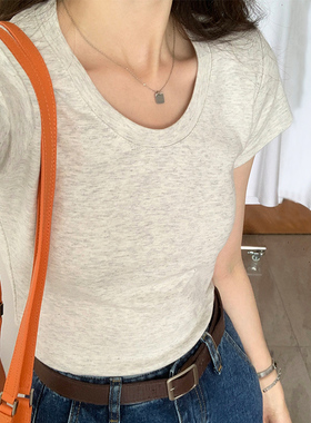U领短袖t恤女美式正肩夏季白色内搭打底修身设计感小众低领上衣女