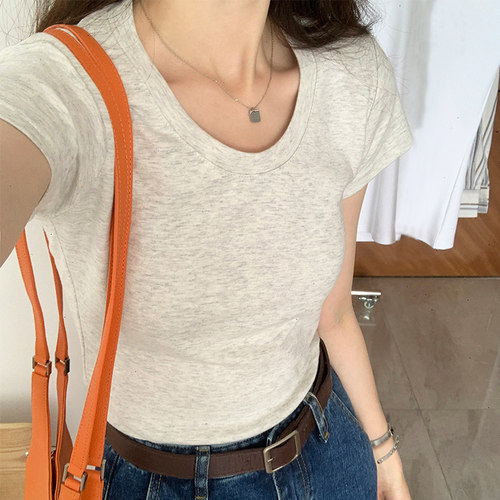 夏季白色U领修身短袖T恤女内搭
