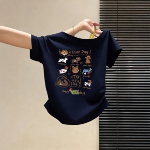 卡通风小狗印花斜肩短袖 百搭褶皱收腰上衣夏季 新款 2026 T恤女修身