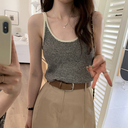 针织条纹辣妹风吊带背心美式短款