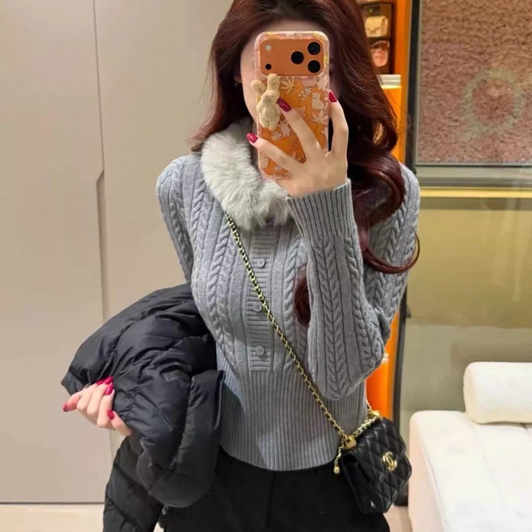 法式别致温柔风毛领麻花针织衫秋冬加厚收瘦miu系打底毛衣女内搭,女装/女士精品,毛针织衫,淘宝优惠券,粉丝福利购,淘宝优惠卷