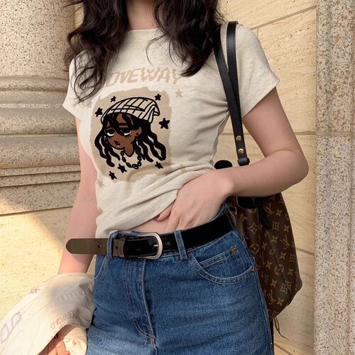 卡通图案印花小圆领上衣少女风