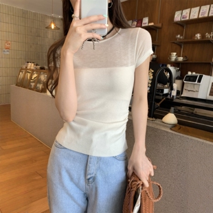 纯欲修身 女夏季 薄款 拼接套头高级感气质褶皱收腰小上衣女 针织短袖