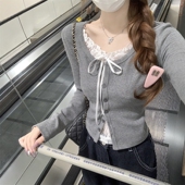 纯欲蕾丝拼接T恤2026春秋冬新款 上衣女 打底衫 修身 显瘦假两件长袖