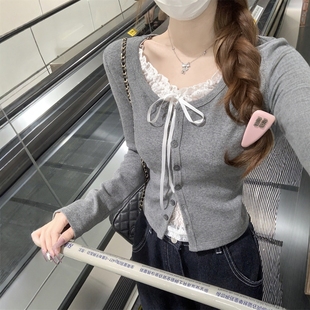 纯欲蕾丝拼接T恤2026春秋冬新款 显瘦假两件长袖 打底衫 上衣女 修身