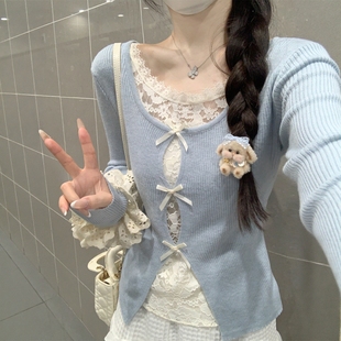 温柔甜美风蝴蝶结假两件蕾丝拼接针织衫 开叉打底内搭上衣秋 女修身