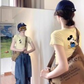 奶黄色正肩短袖 上衣 小个子洋气卡腰短款 t恤女2026夏季 甜辣妹修身