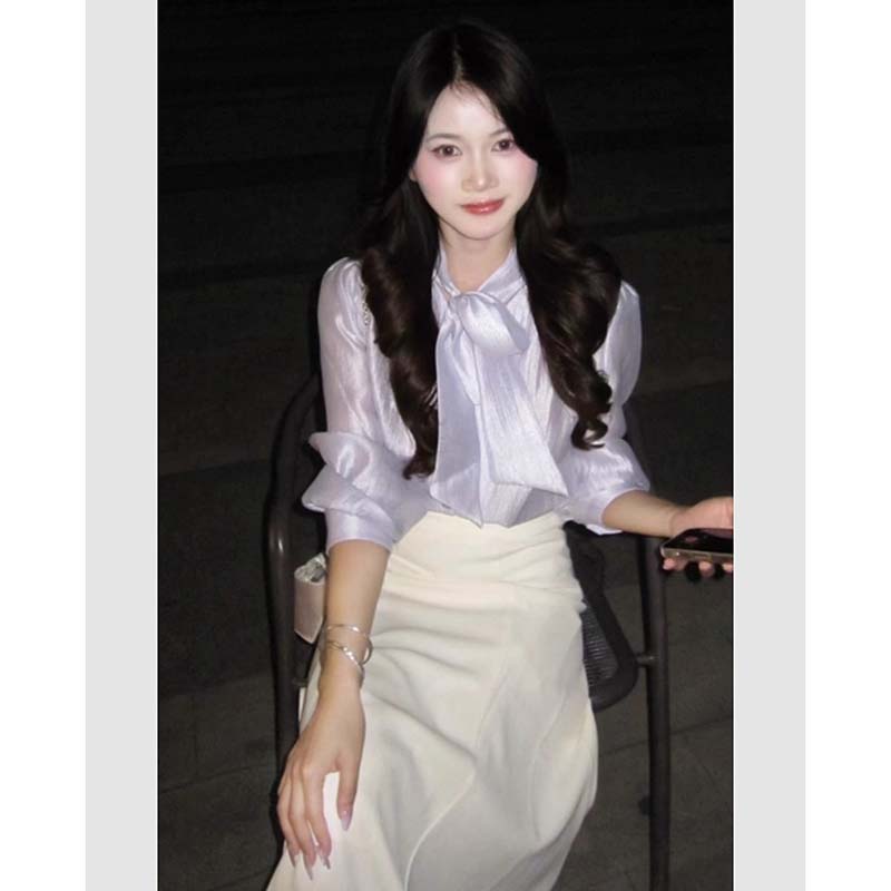 有里布紫色系带灯笼袖大方得体穿搭衬衫+半身裙套装两件套D3573