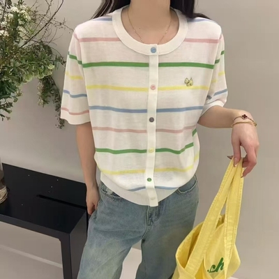 欧货莱赛尔天丝短袖针织衫圆领假开衫彩色条纹休闲韩版夏季新款女