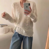 上衣小资女款 欧洲站高端法式 针织衫 内搭宽松新款 细羊毛蕾丝打底衫