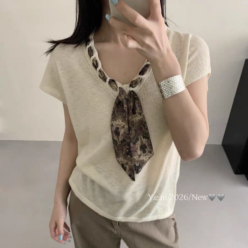 韩系休闲风天丝亚麻清爽夏季新款短袖针织衫T恤v领丝巾薄款好看女