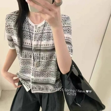 欧货竹节麻费尔岛风短袖针织衫开衫T恤条纹宽松夏季新款休闲女装