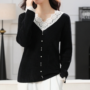 欧货精品天鹅绒不起球V领蕾丝花边弹力打底衫 内搭气质毛衣秋冬女