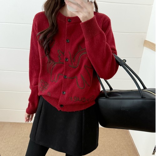 欧洲站高端羊毛新年新春圣诞红色毛衣开衫小马刺绣外套新款气质女