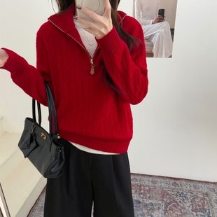 100%纯羊毛衫高端麻花半拉链毛衣打底衫红色上衣时尚冬装新款女装