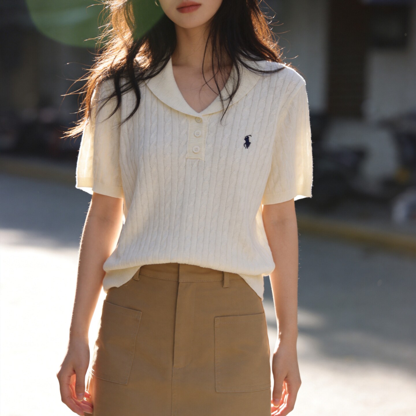 法式高品质POLO领麻花纹短袖针织衫天丝亚麻夏季新款轻奢上衣女装