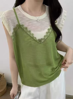 韩版轻奢竹节麻假两件蕾丝吊带短袖新款绿色休闲针织T恤上衣女装