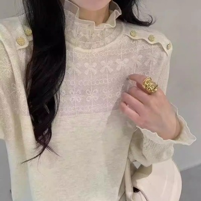 欧洲站法式高端羊毛毛衣女肩膀纽扣毛衫蕾丝打底衫女小资爆款上衣