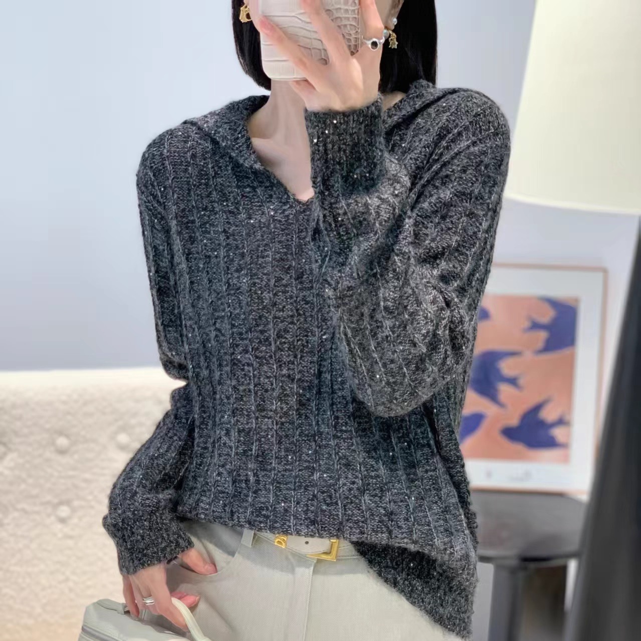 欧货花纱羊毛衫海军领加厚款灰色亮片针织毛衣打底衫卫衣韩版女装