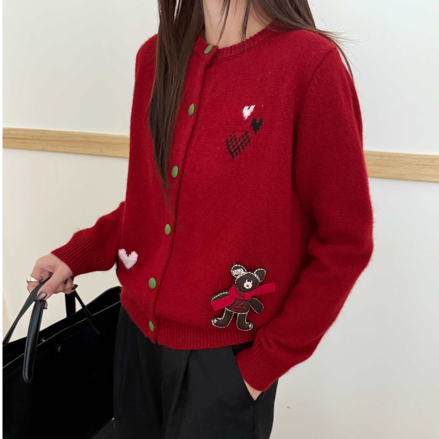 高端蜜熊绒羊毛衫新年圣诞款开衫外套新款小熊红色毛衣上衣时尚女