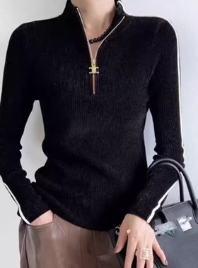 欧货天鹅绒半高领拉链打底衫黑色不起球针织毛衣加厚2025秋冬新款