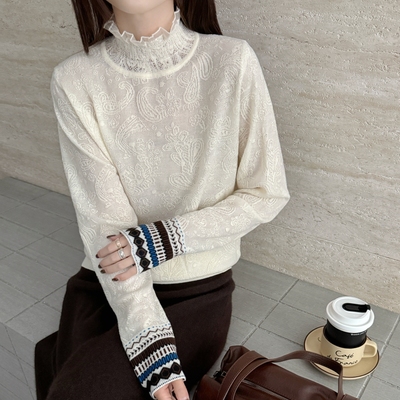欧货桑蚕丝羊毛衫欧根纱打底衫袖口彩条针织毛衣蕾丝内搭韩淑女装