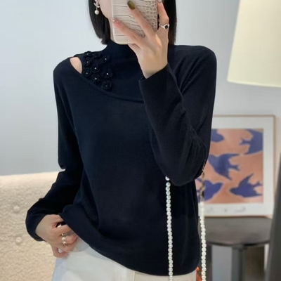 本店实拍&欧货细羊毛小花露肩打底衫半高领气质修身毛衣内搭女装