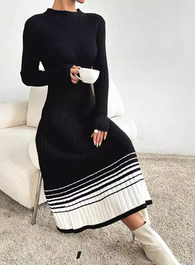 女士毛衣裙黑白条纹百褶裙毛衣连衣裙长裙亚马逊爆款